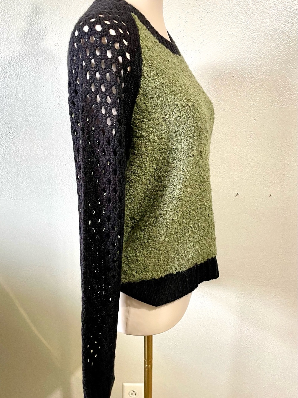 Lrg Lambswool Blend Sweater Olive Black Panda Patch Crochet Sleeve Small Skate View 3
